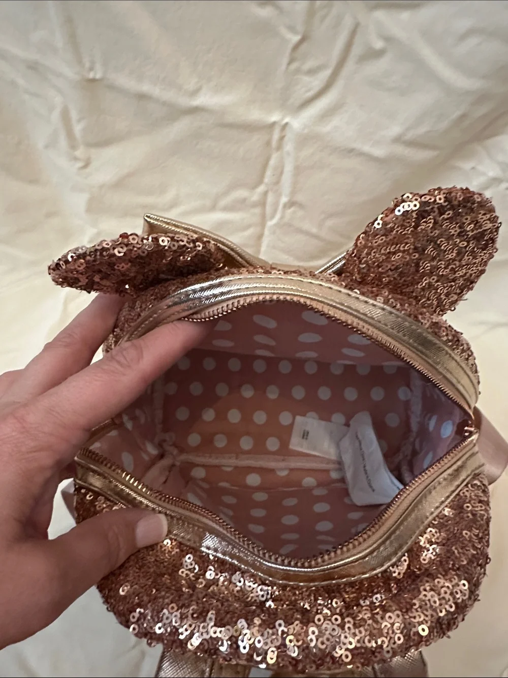 DISNEY PARKS Loungefly Rose Gold Sequin Mini Backpack with Metallic Bow